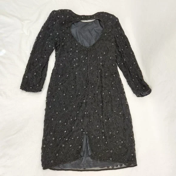 Vintage JOAN LESLIE Hollywood-Fairy-Tale Beaded Black Silk Sheath Dress Size 10. - Picture 9 of 16